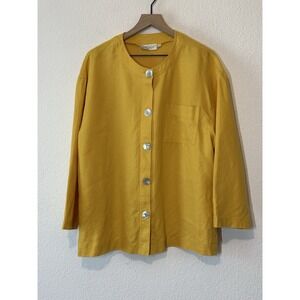 Lord & Taylor Women 12 Linen Button Up Blouse Jacket Yellow Lagenlook Minimalist